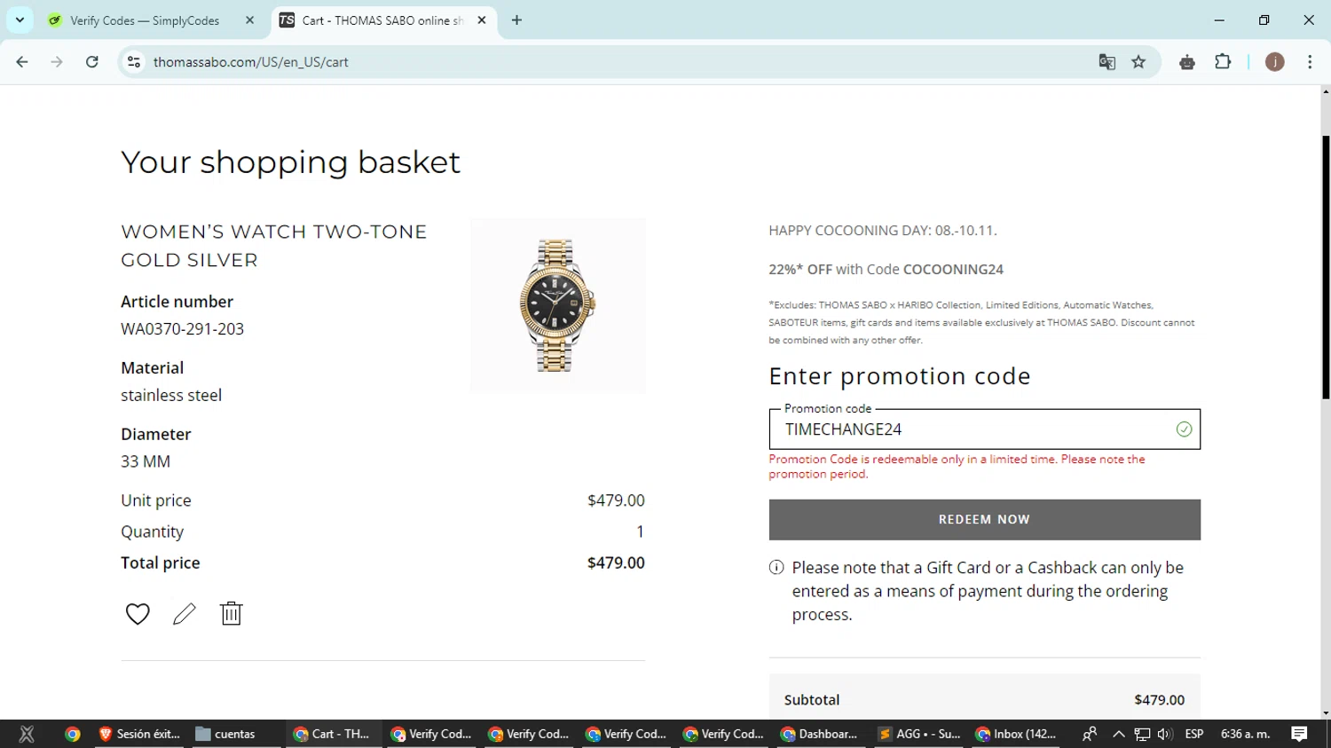 Thomas Sabo checkout page showing Thomas Sabo discount code box | Screenshot taken by SimplyCodes community member on Nov 8, 2024