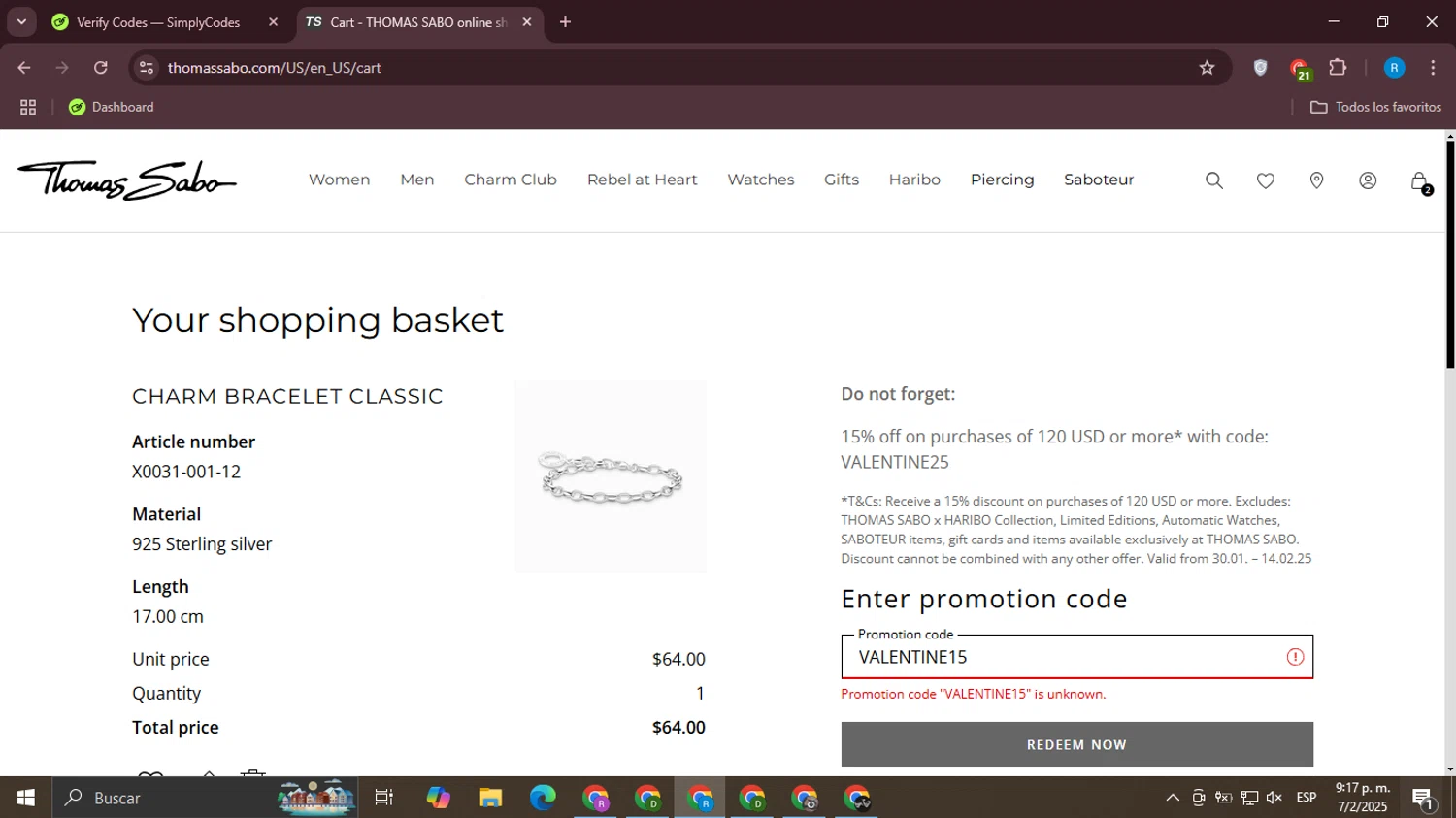 Thomas Sabo discount code screenshot showing code VALENTINE15 applied at Thomas Sabo checkout page. Uploaded by SimplyCodes community member Aemontar on Feb 8, 2025