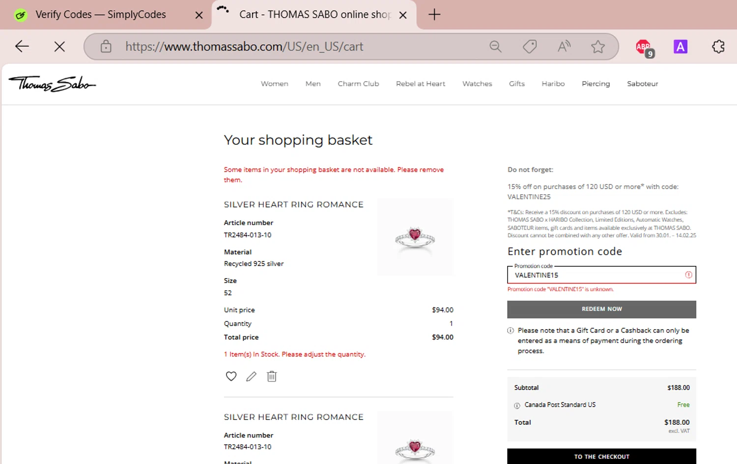 Thomas Sabo discount code screenshot showing code VALENTINE15 applied at Thomas Sabo checkout page. Uploaded by SimplyCodes community member EpicSpotter6525 on Feb 8, 2025