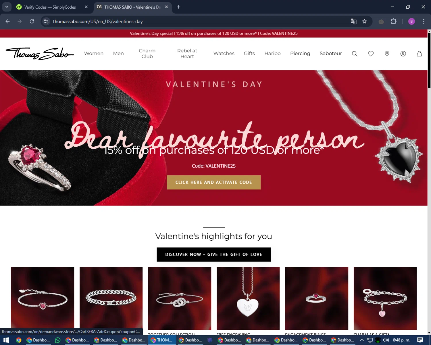 Thomas Sabo checkout page showing Thomas Sabo discount code box | Screenshot taken by SimplyCodes community member on Feb 8, 2025