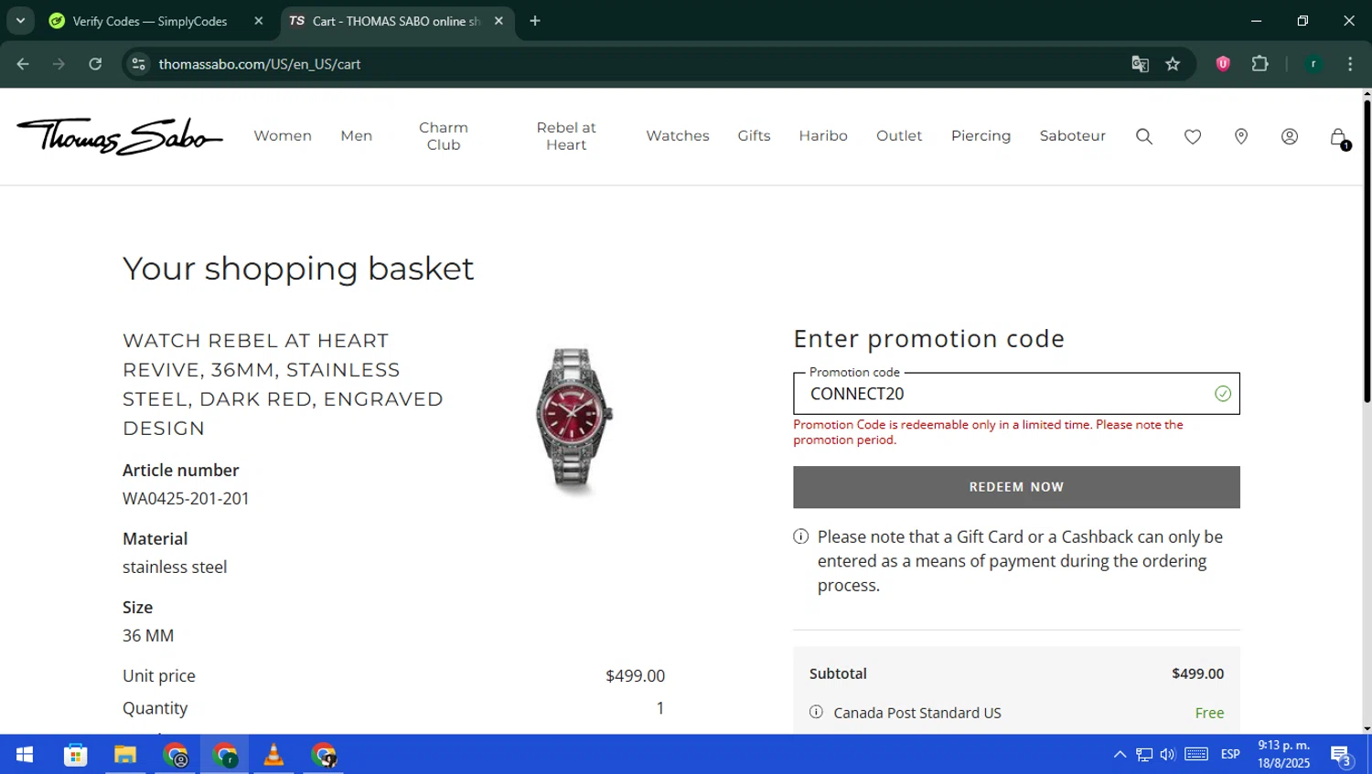 Thomas Sabo checkout page showing Thomas Sabo discount code box | Screenshot taken by SimplyCodes community member on Aug 19, 2025