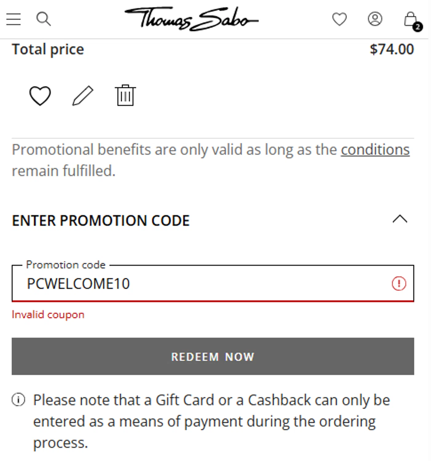 Thomas Sabo discount code screenshot showing code PCWELCOME10 applied at Thomas Sabo checkout page. Uploaded by SimplyCodes community member MariaRoma on Feb 5, 2026