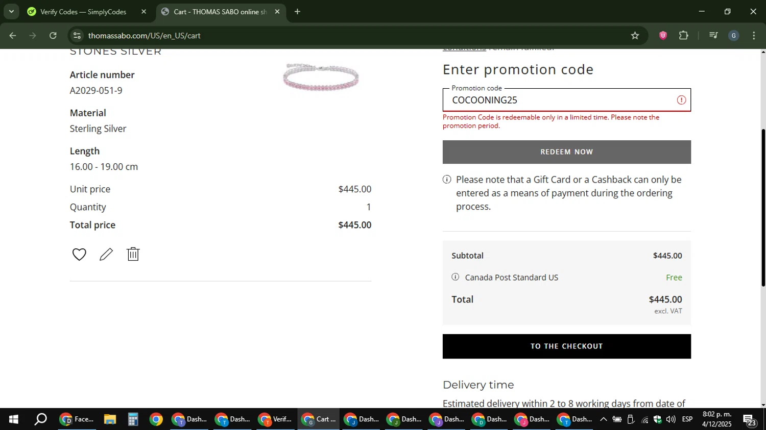 Thomas Sabo discount code screenshot showing code COCOONING25 applied at Thomas Sabo checkout page. Uploaded by SimplyCodes community member gabinharris55 on Dec 5, 2025