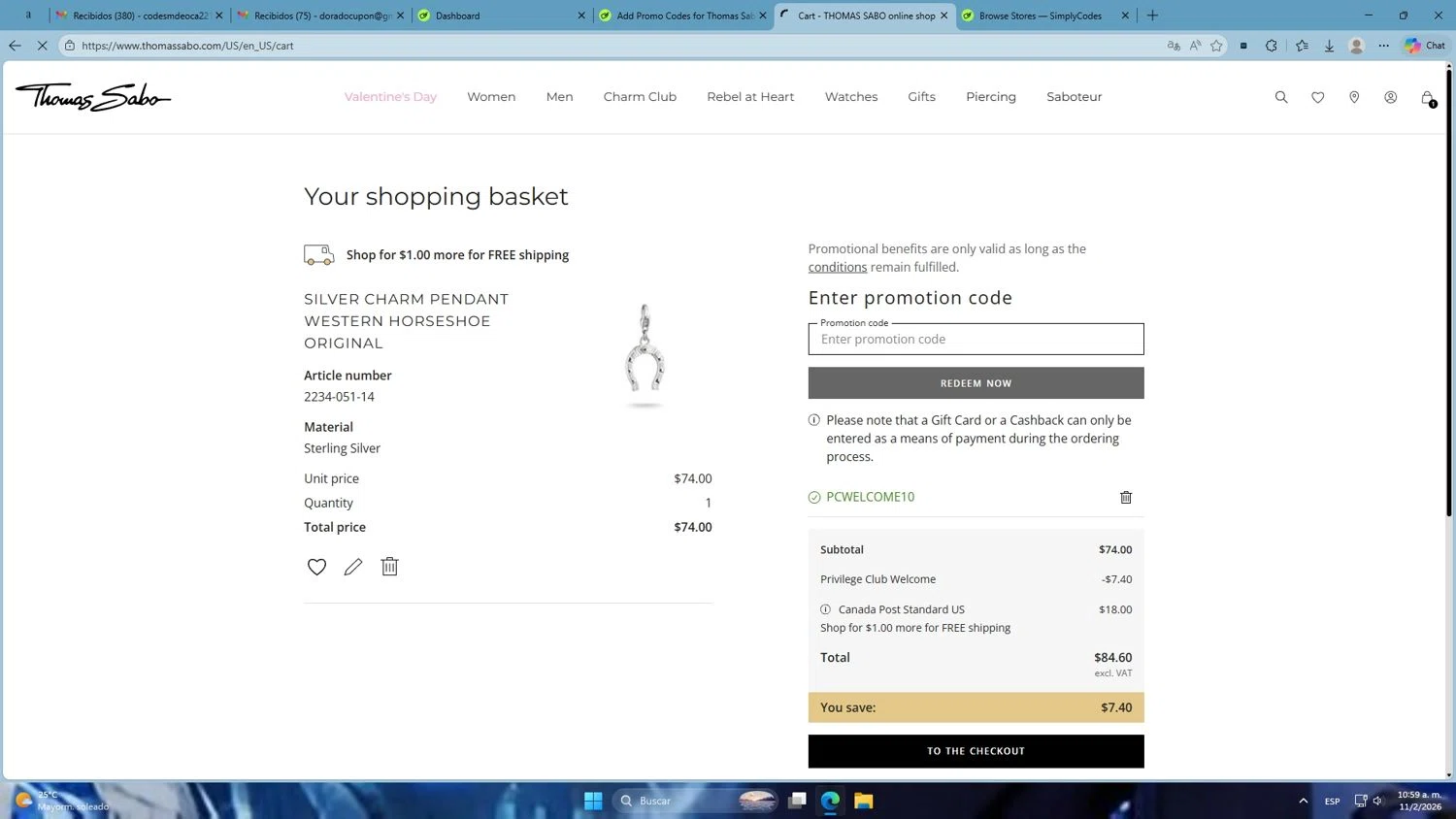 Thomas Sabo discount code screenshot showing code Pcwelcome10 applied at Thomas Sabo checkout page. Uploaded by SimplyCodes community member Mdeoca on Feb 11, 2026