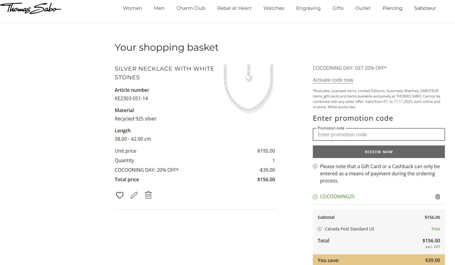 Thomas Sabo discount code screenshot showing code COCOONING25 applied at Thomas Sabo checkout page. Uploaded by SimplyCodes community member valeriaantonieta on Nov 7, 2025