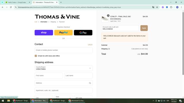 Thomas & Vine checkout page showing Thomas & Vine promo code box | Screenshot taken by SimplyCodes community member on Sep 7, 2025