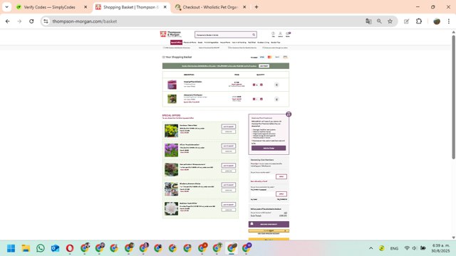 Thompson & Morgan checkout page showing Thompson & Morgan promo code box | Screenshot taken by SimplyCodes community member on Aug 30, 2025