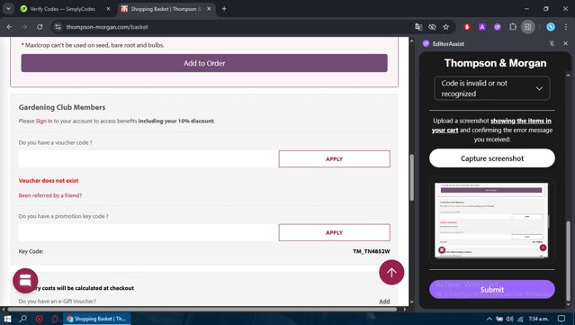 Thompson & Morgan checkout page showing Thompson & Morgan promo code box | Screenshot taken by SimplyCodes community member on Aug 18, 2025