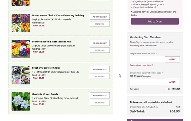 Thompson & Morgan checkout page showing Thompson & Morgan promo code box | Screenshot taken by SimplyCodes community member on Aug 16, 2025
