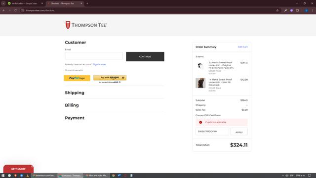 Thompson Tee checkout page showing Thompson Tee coupon code box | Screenshot taken by SimplyCodes community member on Sep 5, 2025