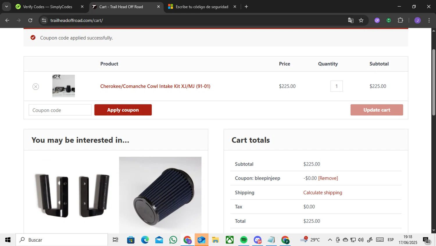 Trail Head Off Road promo code screenshot showing code BLEEPINJEEP applied at Trail Head Off Road checkout page. Uploaded by SimplyCodes community member ENCARAMESSI on Jun 17, 2025
