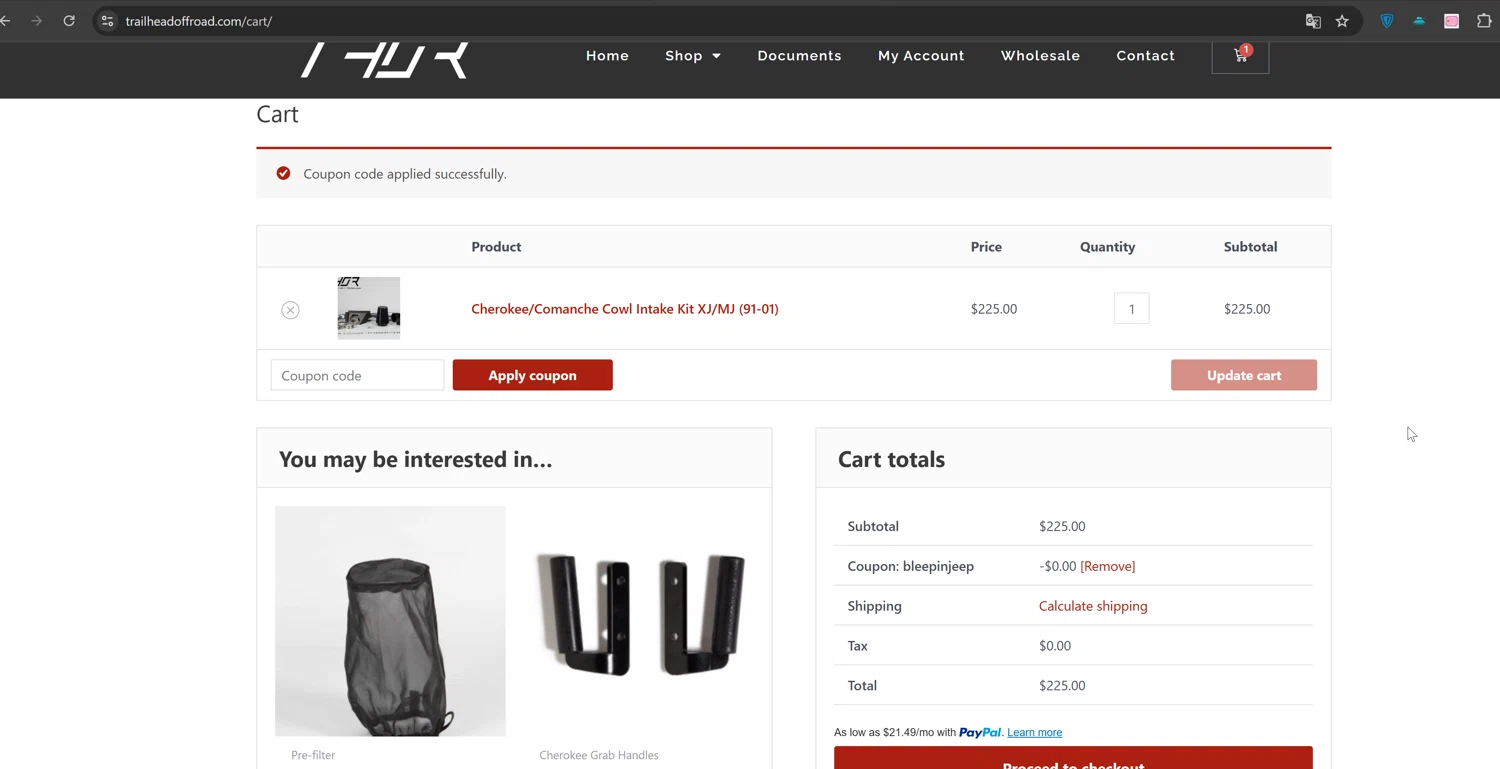 Trail Head Off Road promo code screenshot showing code BLEEPINJEEP applied at Trail Head Off Road checkout page. Uploaded by SimplyCodes community member ValiantTiger4704 on Apr 1, 2025