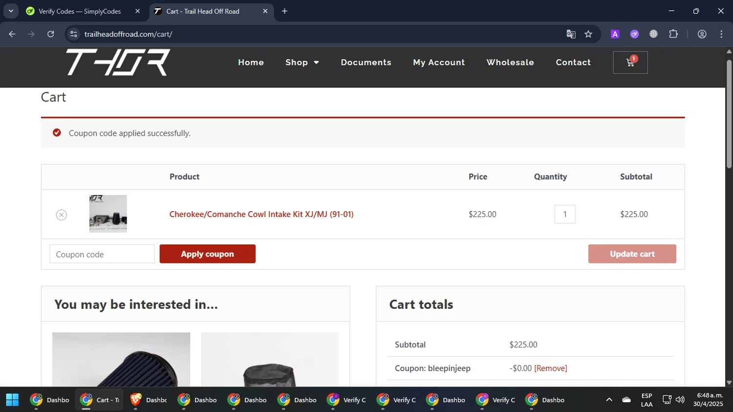 Trail Head Off Road promo code screenshot showing code BLEEPINJEEP applied at Trail Head Off Road checkout page. Uploaded by SimplyCodes community member BrilliantSleuth9299 on Apr 30, 2025