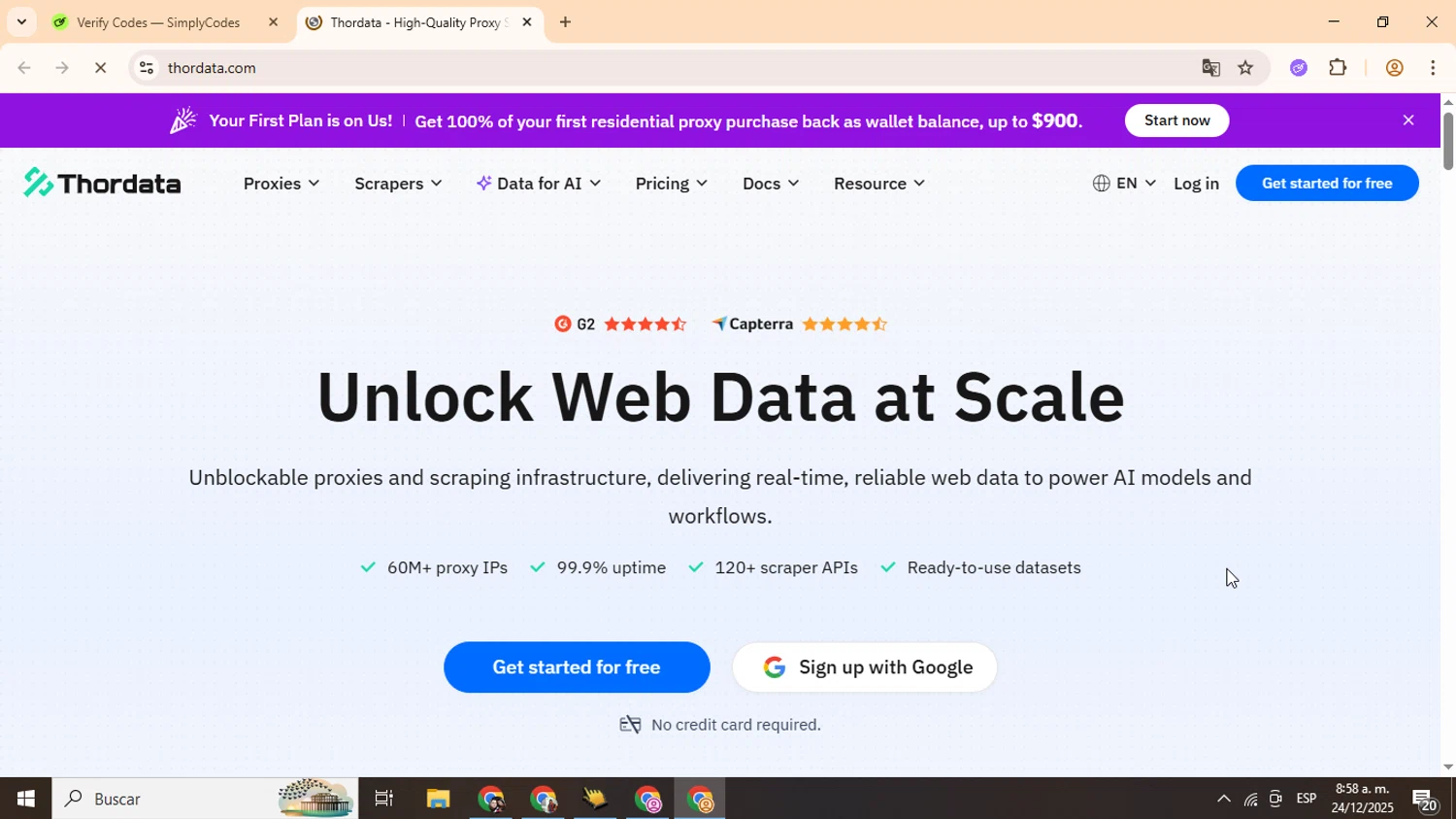 Thordata promo code screenshot showing code THORDATA applied at Thordata checkout page. Uploaded by SimplyCodes community member MightyBoss5795 on Dec 24, 2025
