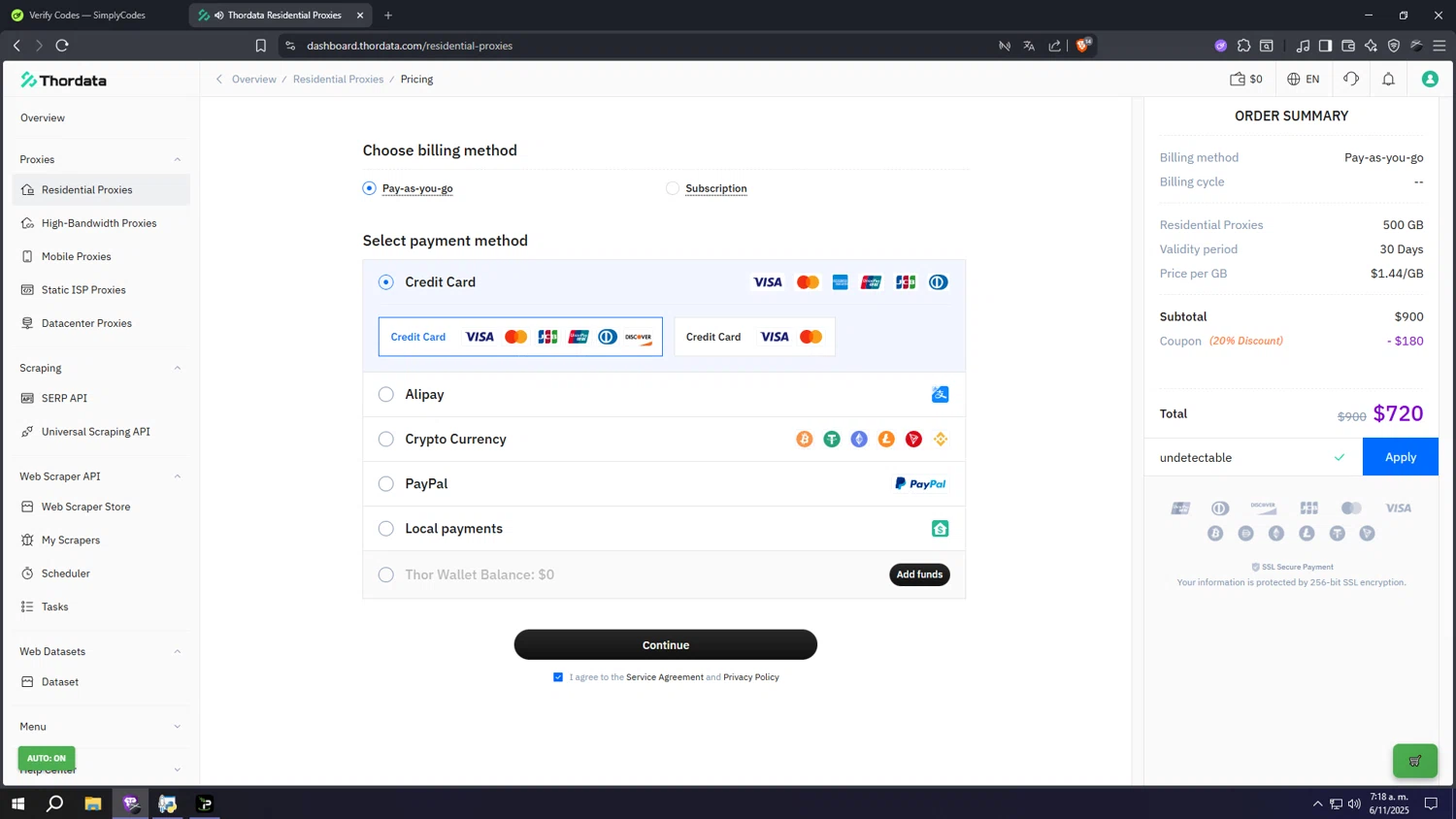 Thordata promo code screenshot showing code undetectable applied at Thordata checkout page. Uploaded by SimplyCodes community member ooooooooooooooooooo on Nov 6, 2025