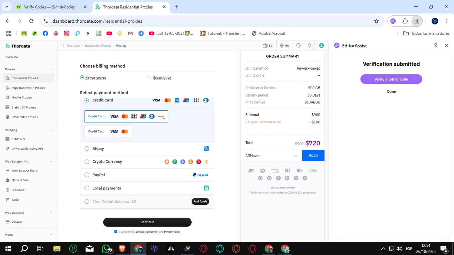 Thordata promo code screenshot showing code AffMaven applied at Thordata checkout page. Uploaded by SimplyCodes community member SunJinWoo on Oct 26, 2025