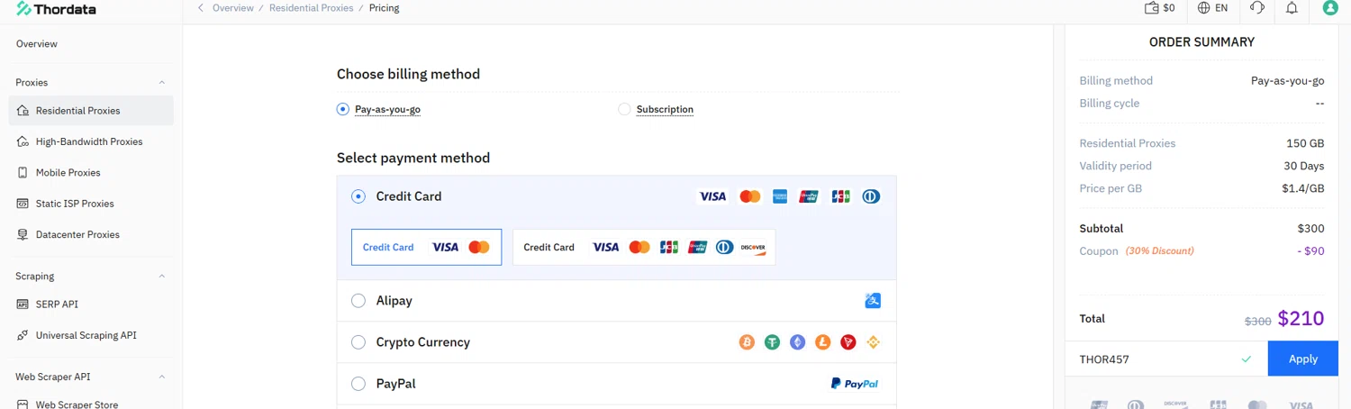 Thordata promo code screenshot showing code THOR457 applied at Thordata checkout page. Uploaded by SimplyCodes community member fettywap on Nov 15, 2025