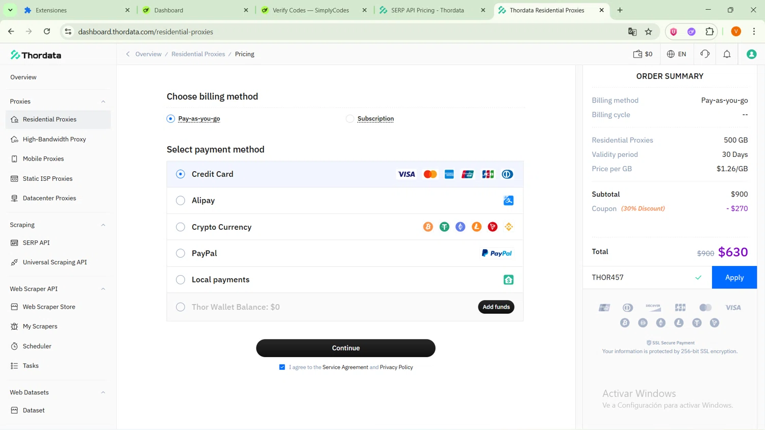 Thordata promo code screenshot showing code THOR457 applied at Thordata checkout page. Uploaded by SimplyCodes community member ExtraordinarySaver9637 on Oct 17, 2025