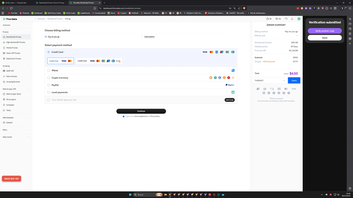 Thordata promo code screenshot showing code THOR457 applied at Thordata checkout page. Uploaded by SimplyCodes community member ilarrazaM1 on Dec 30, 2025