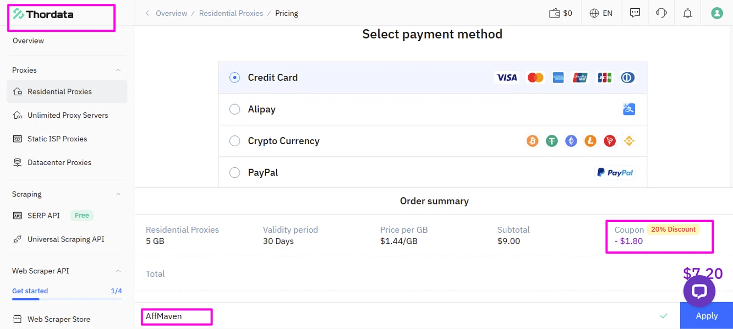 Thordata promo code screenshot showing code AffMaven applied at Thordata checkout page. Uploaded by SimplyCodes community member mrdarcy on Aug 4, 2025