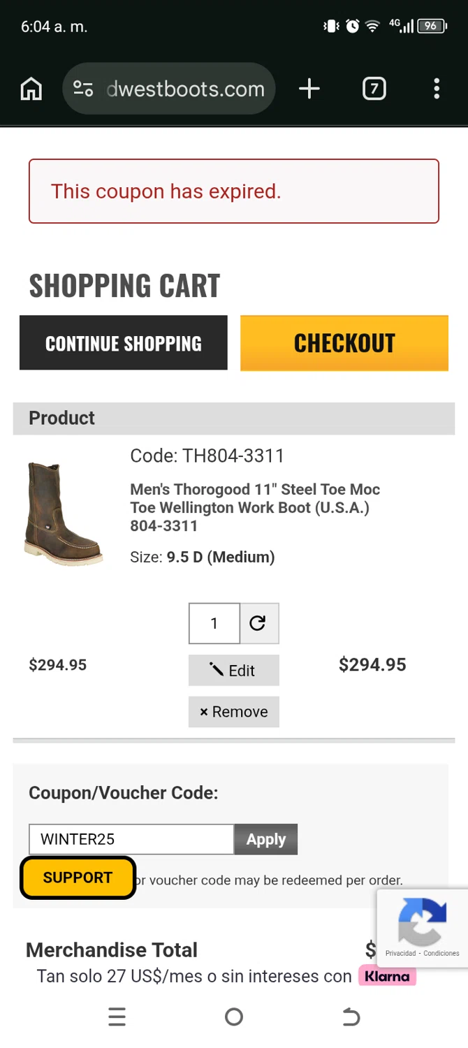 Thorogood discount code screenshot showing code WINTER25 applied at Thorogood checkout page. Uploaded by SimplyCodes community member Ryan_Garcia on Feb 12, 2026