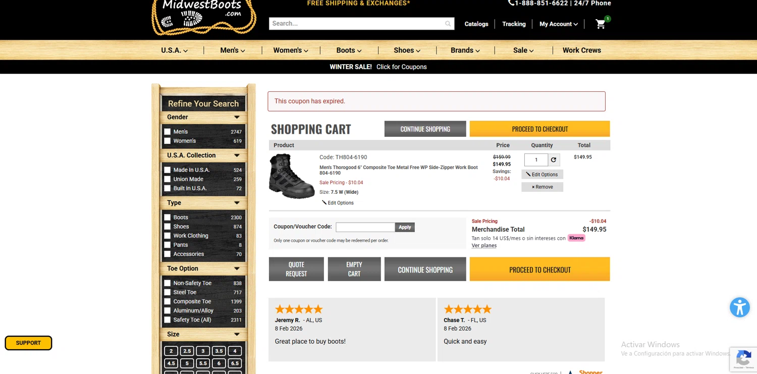 Thorogood checkout page showing Thorogood discount code box | Screenshot taken by SimplyCodes community member on Feb 8, 2026