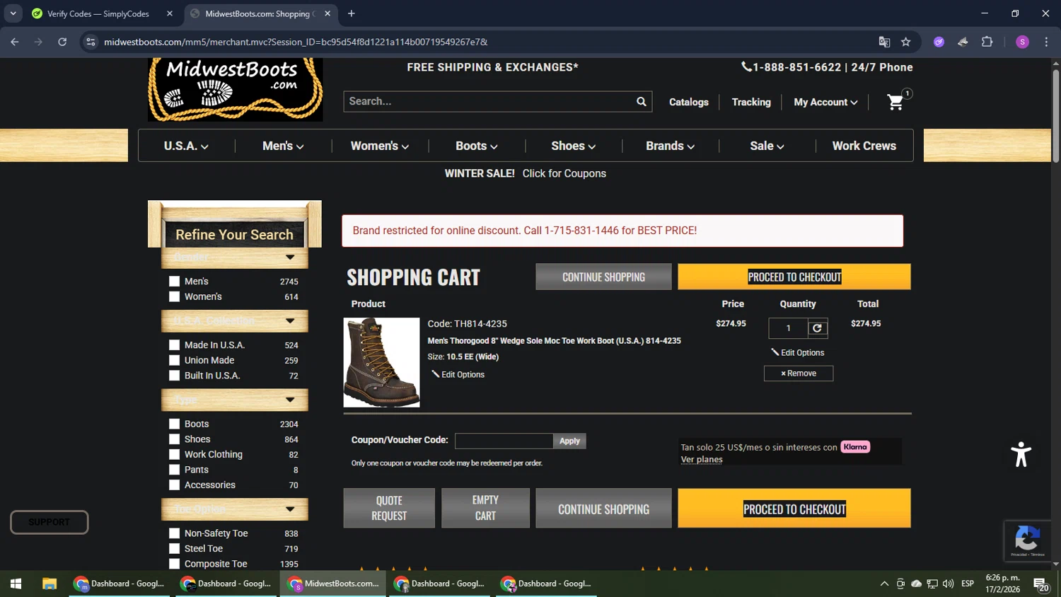 Thorogood discount code screenshot showing code SPRING15 applied at Thorogood checkout page. Uploaded by SimplyCodes community member Son_Goku on Feb 17, 2026