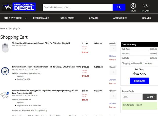 Thoroughbred Diesel checkout page showing Thoroughbred Diesel promo code box | Screenshot taken by SimplyCodes community member on Jul 10, 2020