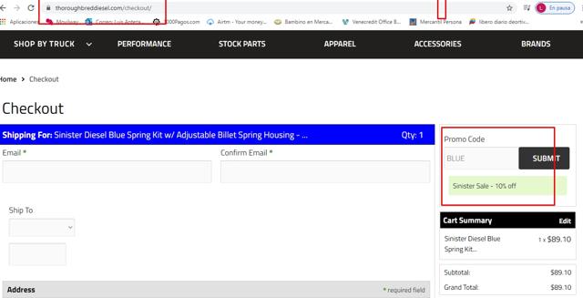 Thoroughbred Diesel checkout page showing Thoroughbred Diesel promo code box | Screenshot taken by SimplyCodes community member on Jul 4, 2020