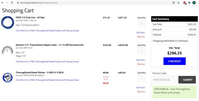 Thoroughbred Diesel checkout page showing Thoroughbred Diesel promo code box | Screenshot taken by SimplyCodes community member on Sep 20, 2020