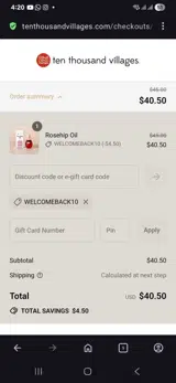 Welcomeback10 coupon verification screenshot