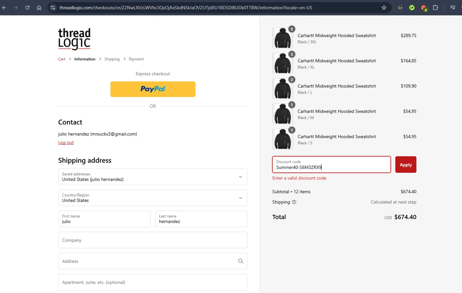 Thread Logic discount code screenshot showing code Summer40-S6M3ZRX9 applied at Thread Logic checkout page. Uploaded by SimplyCodes community member Jmhernand1 on Jan 2, 2025