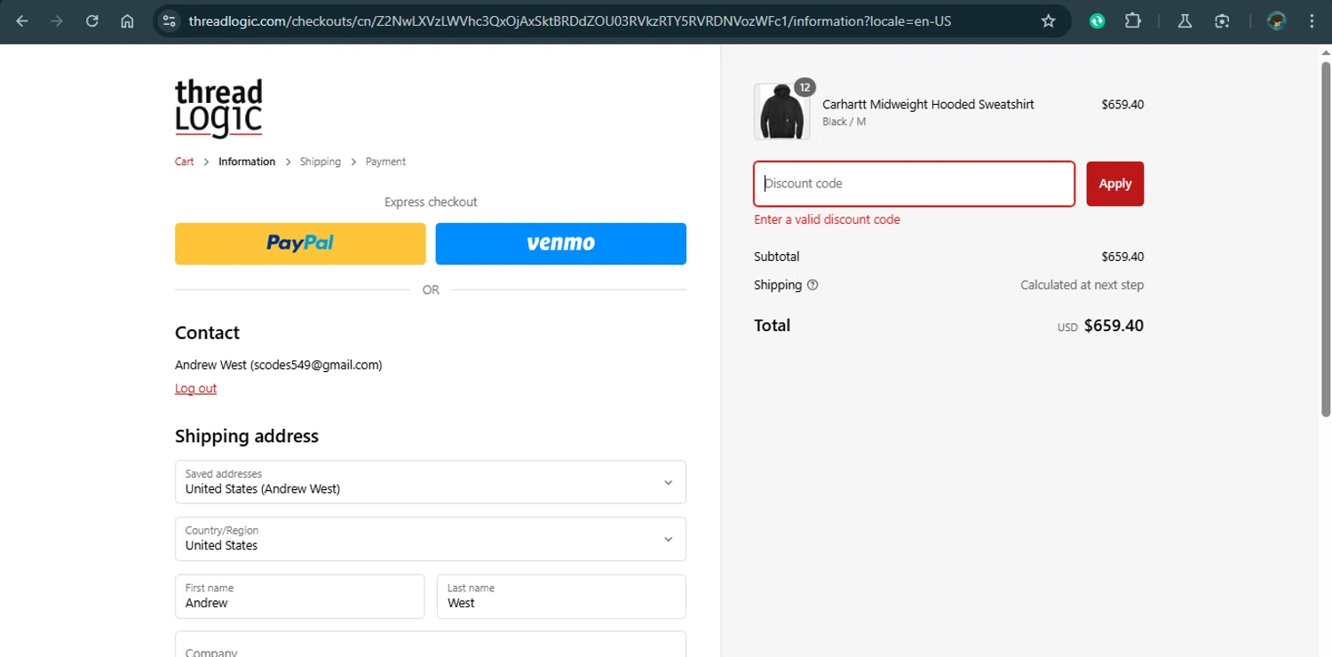 Thread Logic discount code screenshot showing code Summer40-S6M3ZRX9 applied at Thread Logic checkout page. Uploaded by SimplyCodes community member MariaCorinaMachado on Feb 5, 2025