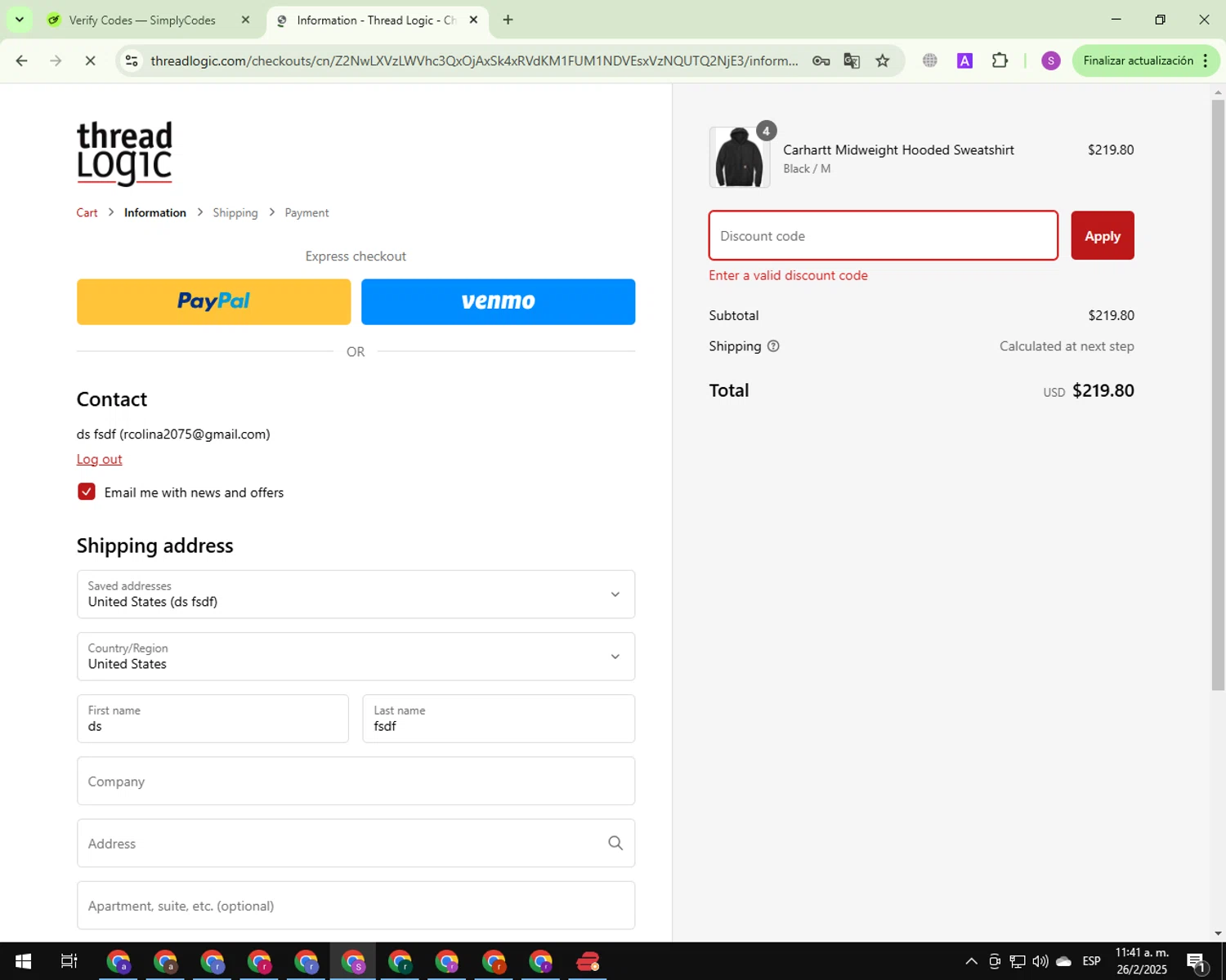 Thread Logic discount code screenshot showing code Summer40-S6M3ZRX9 applied at Thread Logic checkout page. Uploaded by SimplyCodes community member CouponScout7561 on Feb 26, 2025