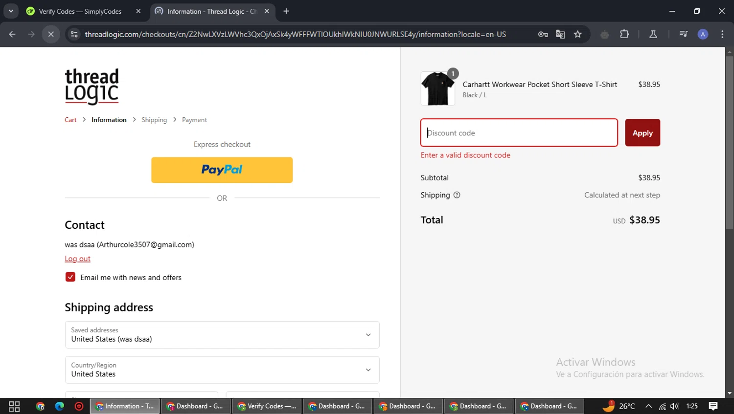 Thread Logic discount code screenshot showing code Summer40-QKWVDSDF applied at Thread Logic checkout page. Uploaded by SimplyCodes community member BargainPilot8819 on Feb 27, 2025