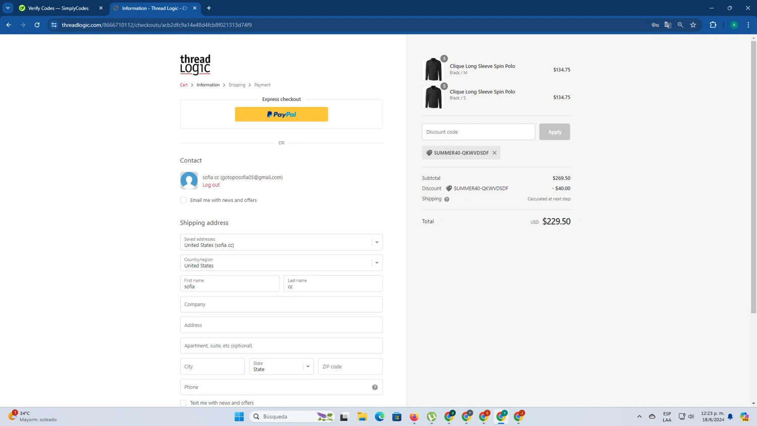 Thread Logic checkout page showing Thread Logic discount code box | Screenshot taken by SimplyCodes community member on Jun 18, 2024