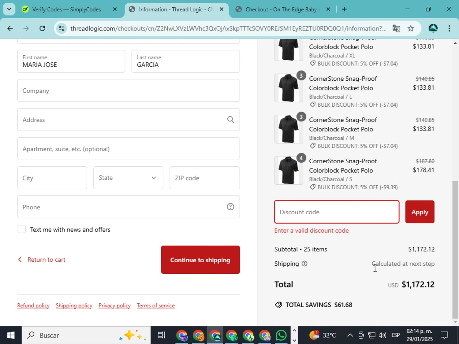 Thread Logic discount code screenshot showing code Summer40-QKWVDSDF applied at Thread Logic checkout page. Uploaded by SimplyCodes community member ingri85 on Jan 29, 2025
