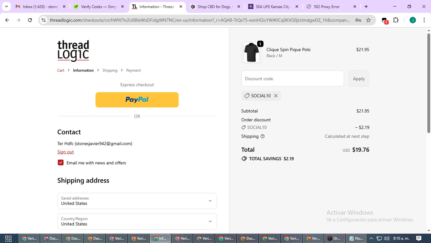 Thread Logic checkout page showing Thread Logic discount code box | Screenshot taken by SimplyCodes community member on Jan 22, 2026