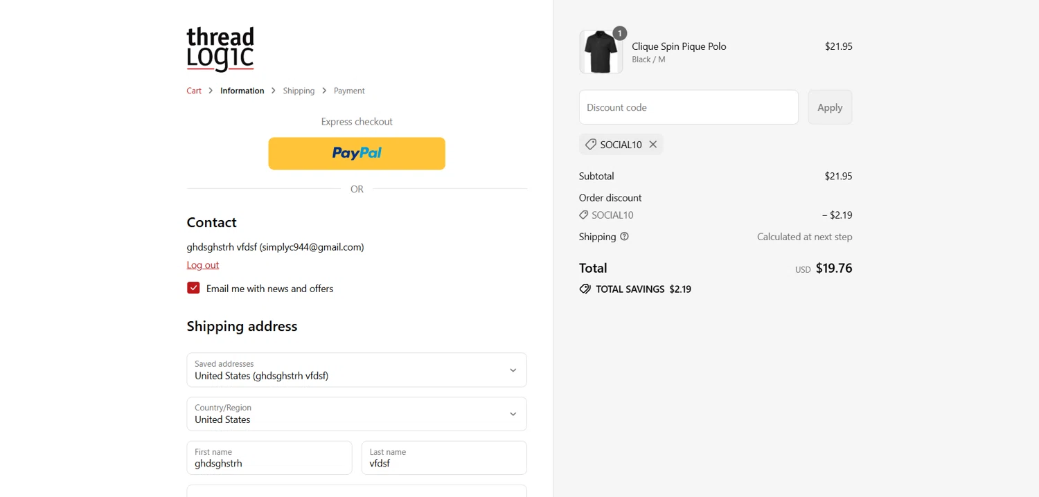Thread Logic discount code screenshot showing code SOCIAL10 applied at Thread Logic checkout page. Uploaded by SimplyCodes community member Dorothy on Aug 30, 2025