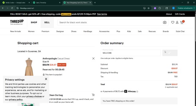 thredUP checkout page showing thredUP promo code box | Screenshot taken by SimplyCodes community member on Aug 25, 2025