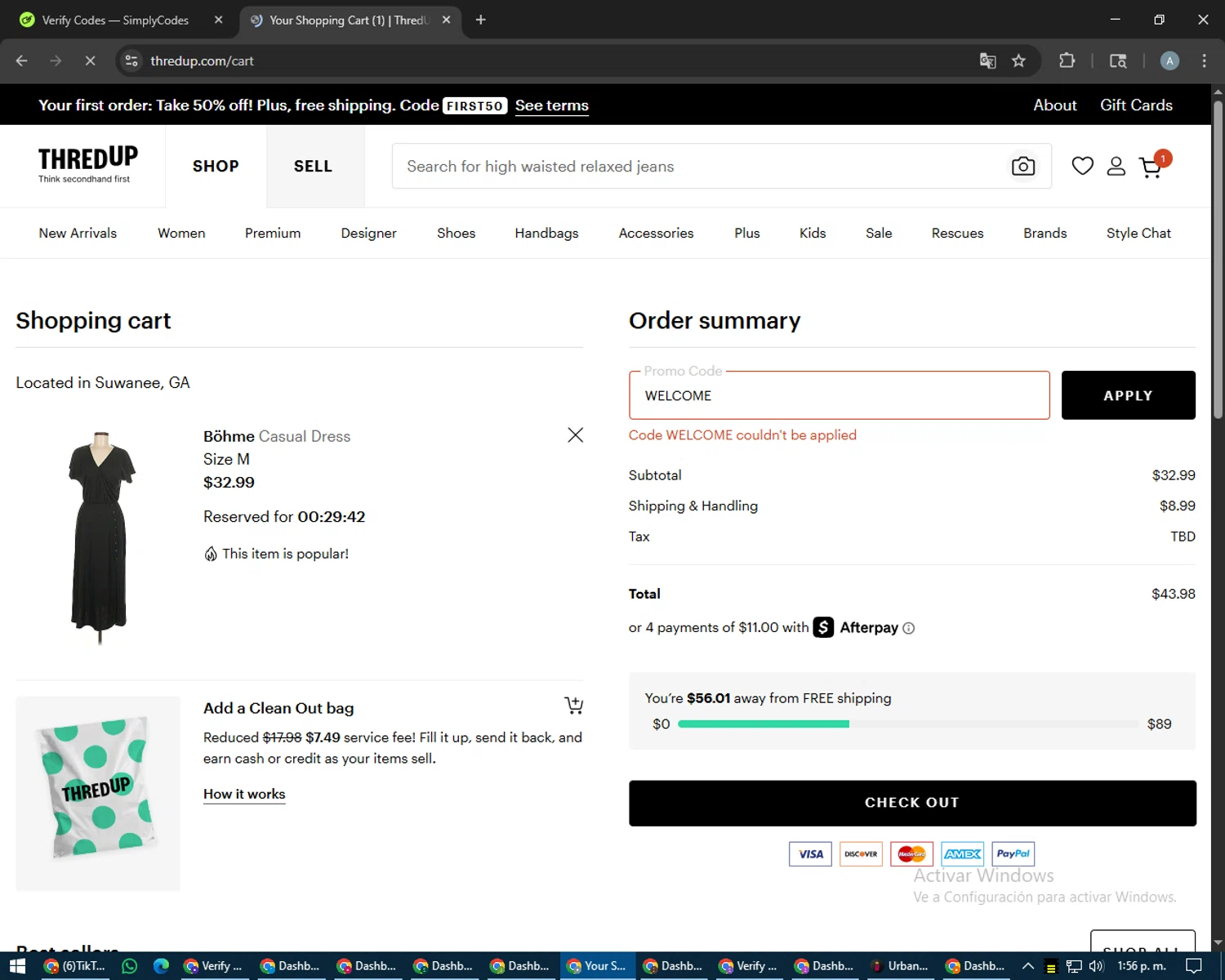 thredUP promo code screenshot showing code WELCOME applied at thredUP checkout page. Uploaded by SimplyCodes community member trippieredd on Aug 7, 2025