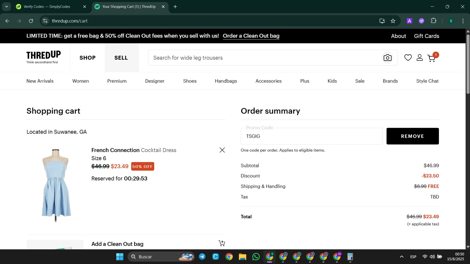 thredUP promo code screenshot showing code TSGIG applied at thredUP checkout page. Uploaded by SimplyCodes community member SaleHunter9008 on Aug 15, 2025