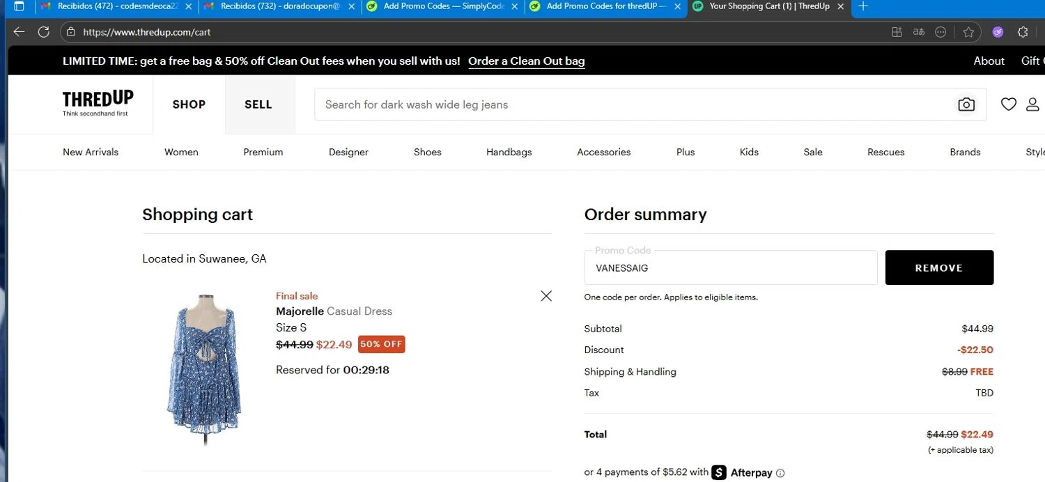 thredUP promo code screenshot showing code VANESSAIG applied at thredUP checkout page. Uploaded by SimplyCodes community member Mdeoca on Aug 15, 2025