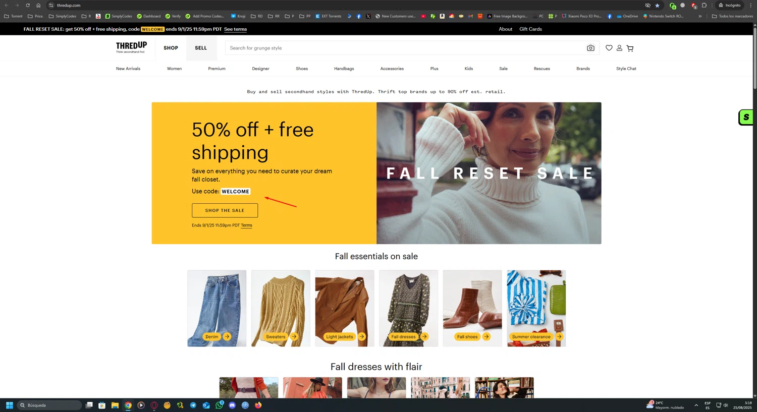 thredUP promo code screenshot showing code WELCOME applied at thredUP checkout page. Uploaded by SimplyCodes community member UnkNownVnzla on Aug 25, 2025