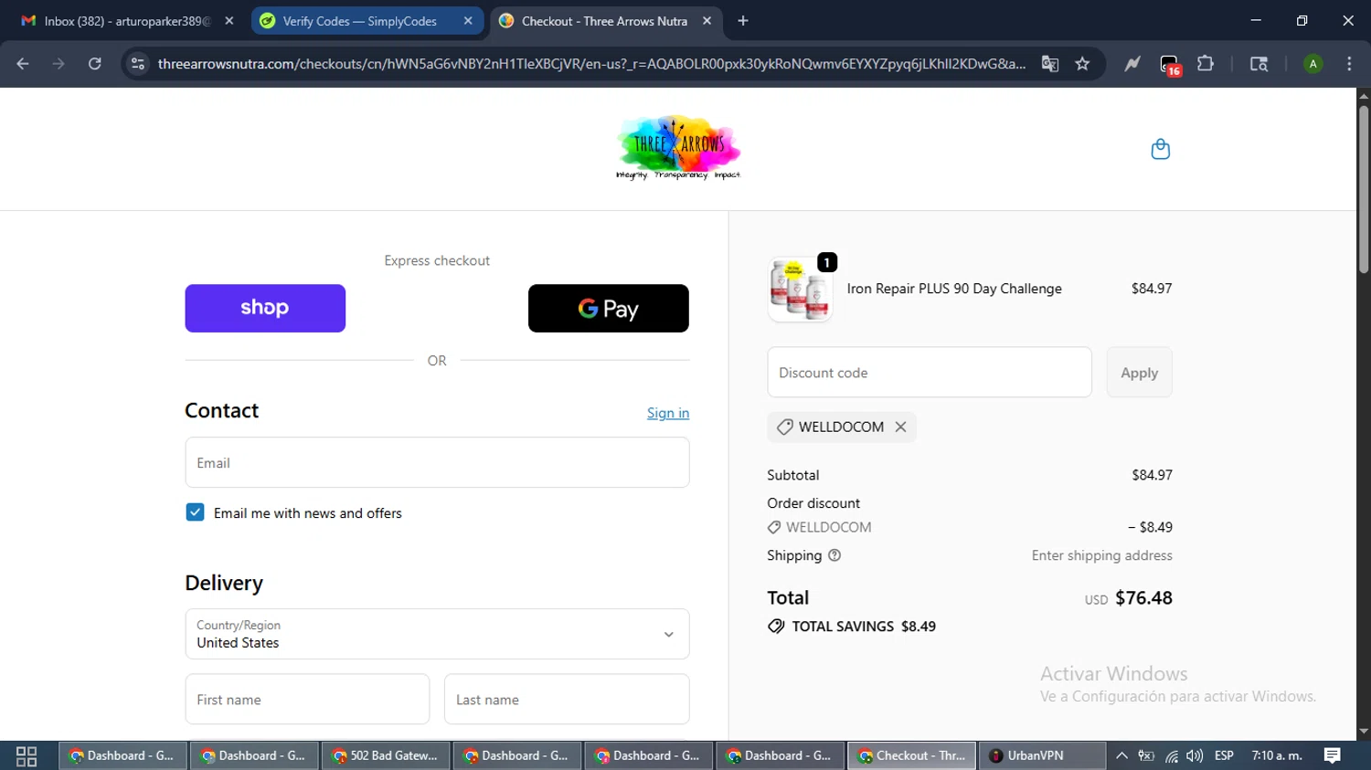 Three Arrows Nutra discount code screenshot showing code Welldocom applied at Three Arrows Nutra checkout page. Uploaded by SimplyCodes community member CashLynx5338 on Nov 22, 2025