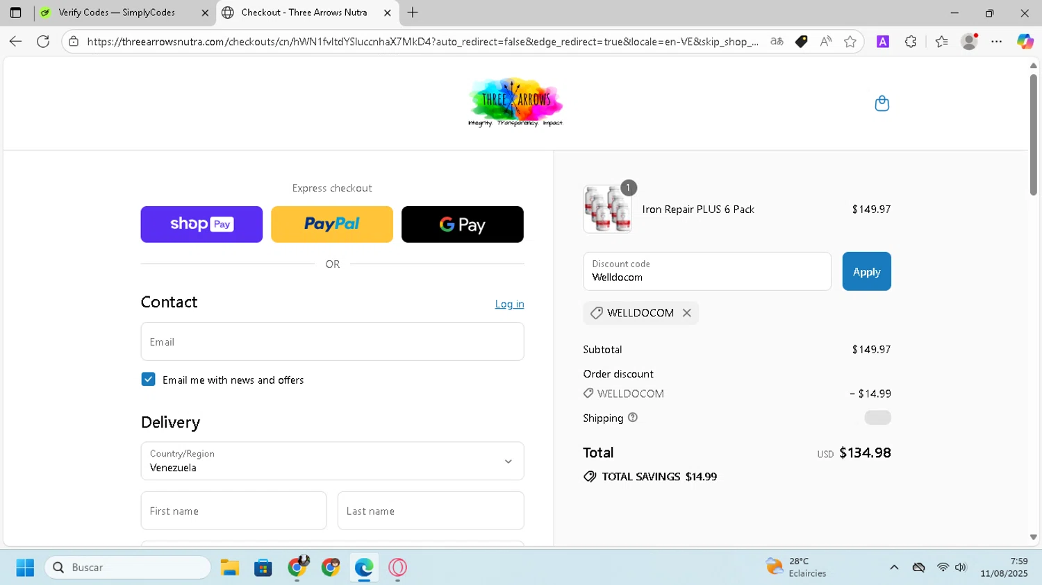 Three Arrows Nutra discount code screenshot showing code Welldocom applied at Three Arrows Nutra checkout page. Uploaded by SimplyCodes community member SilverVirtuoso7221 on Aug 11, 2025