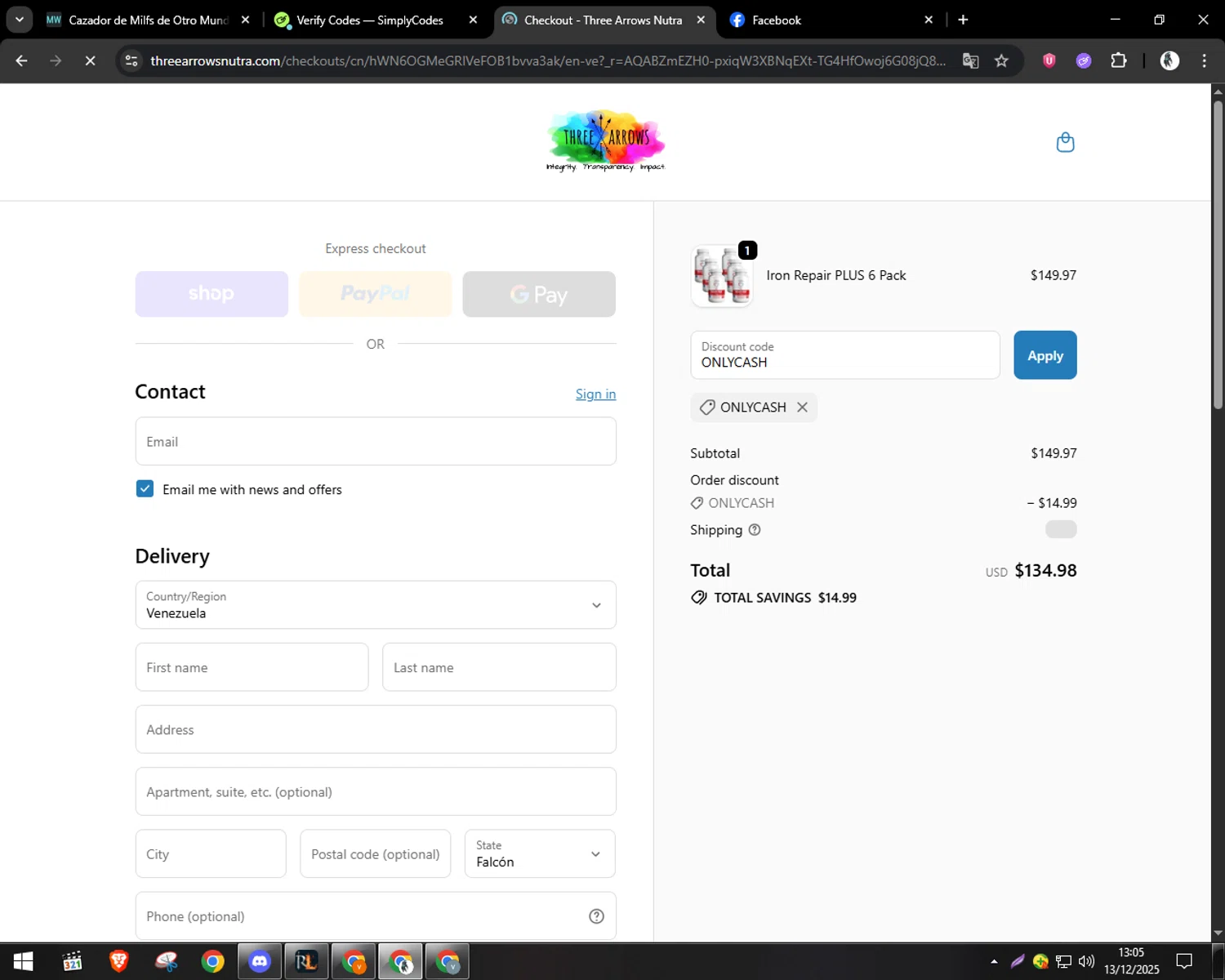 Three Arrows Nutra discount code screenshot showing code ONLYCASH applied at Three Arrows Nutra checkout page. Uploaded by SimplyCodes community member CleverSentinel9441 on Dec 13, 2025