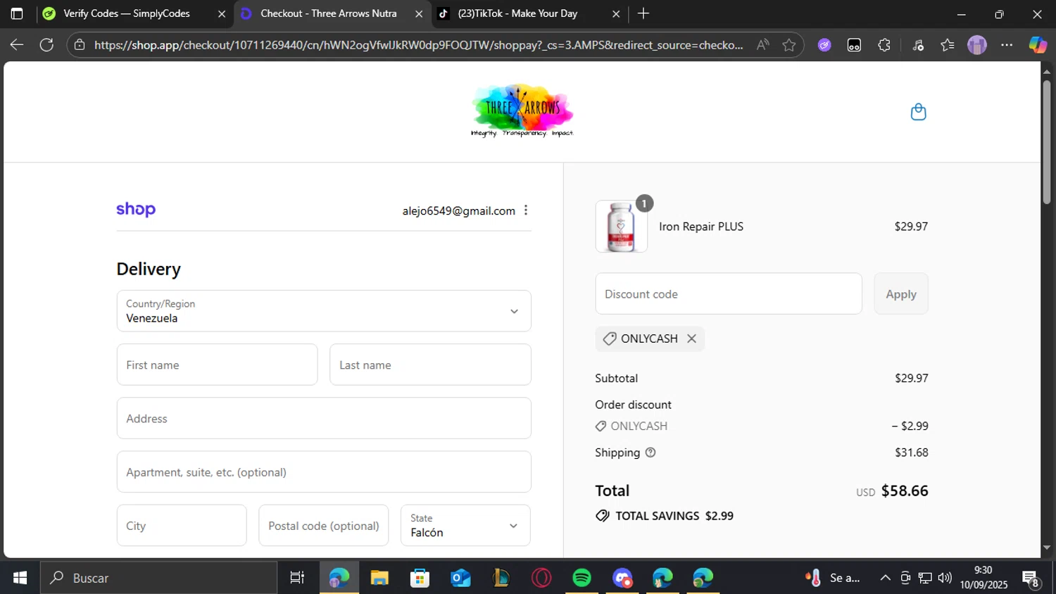 Three Arrows Nutra discount code screenshot showing code ONLYCASH applied at Three Arrows Nutra checkout page. Uploaded by SimplyCodes community member THEBANANA on Sep 10, 2025