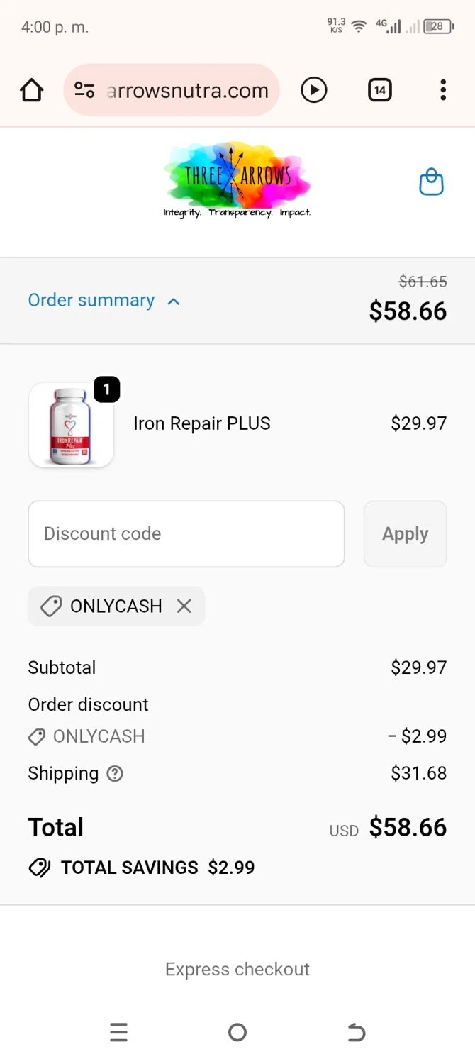 Three Arrows Nutra discount code screenshot showing code ONLYCASH applied at Three Arrows Nutra checkout page. Uploaded by SimplyCodes community member cachetegomez on Dec 20, 2025