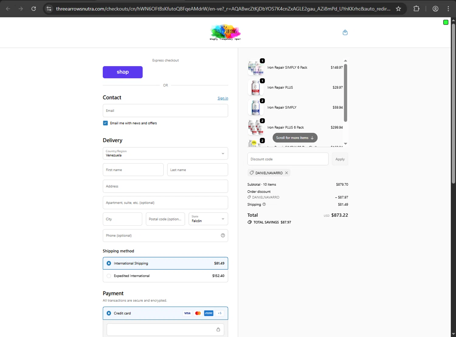Three Arrows Nutra discount code screenshot showing code danielnavarro applied at Three Arrows Nutra checkout page. Uploaded by SimplyCodes community member RINITOSHI on Dec 13, 2025